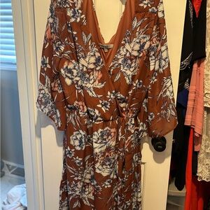 bailey blue Rust Floral Wrap Dress with White & Navy Print